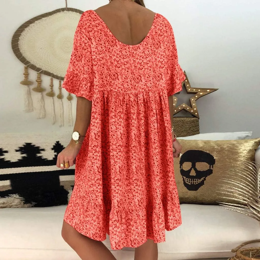 Cute Winter Dresses for Women Women's Ladies Sexy Loose Print Hlaf Sleeve Ruffles Mini Dress Summer Dress