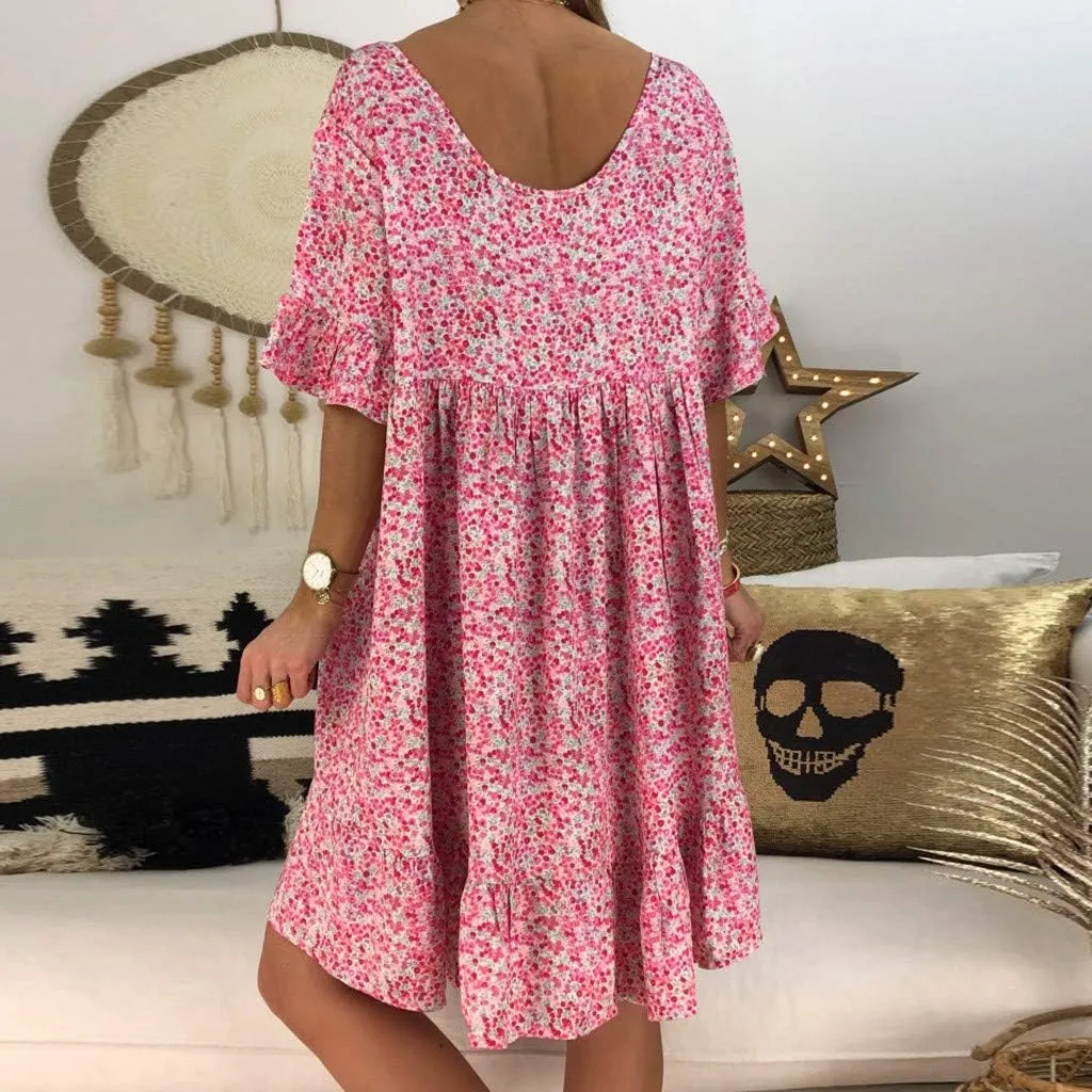 Cute Winter Dresses for Women Women's Ladies Sexy Loose Print Hlaf Sleeve Ruffles Mini Dress Summer Dress
