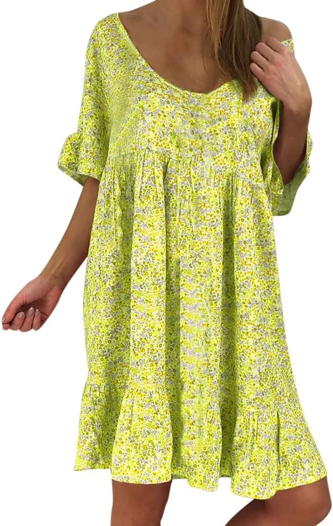 Cute Winter Dresses for Women Women's Ladies Sexy Loose Print Hlaf Sleeve Ruffles Mini Dress Summer Dress