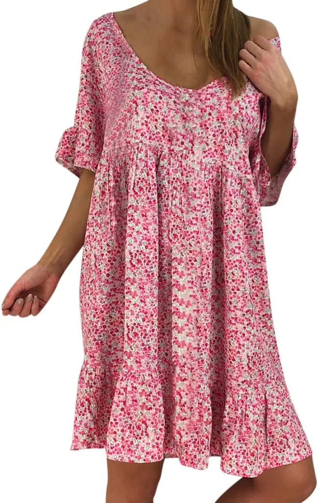Cute Winter Dresses for Women Women's Ladies Sexy Loose Print Hlaf Sleeve Ruffles Mini Dress Summer Dress