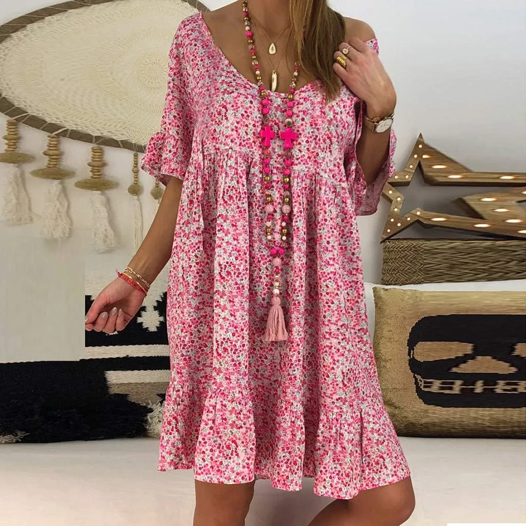 Cute Winter Dresses for Women Women's Ladies Sexy Loose Print Hlaf Sleeve Ruffles Mini Dress Summer Dress
