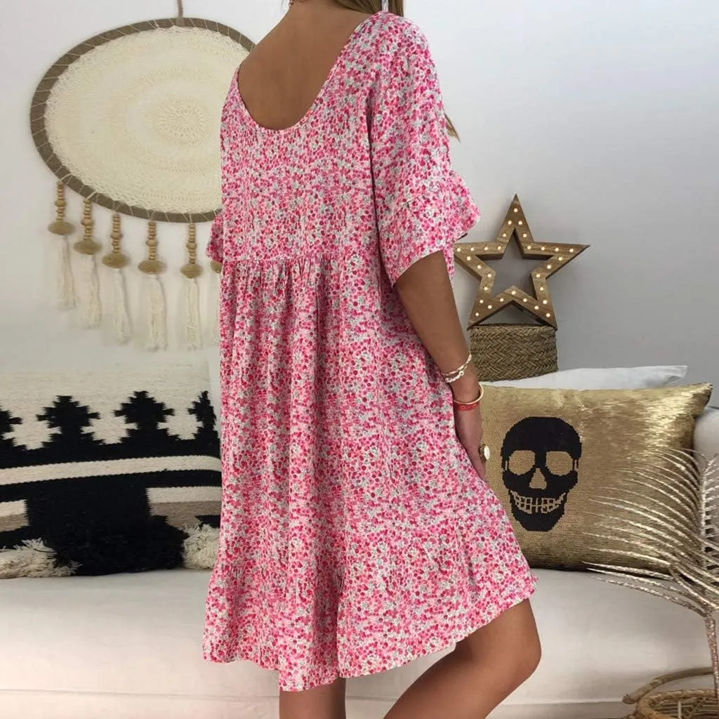 Cute Winter Dresses for Women Women's Ladies Sexy Loose Print Hlaf Sleeve Ruffles Mini Dress Summer Dress