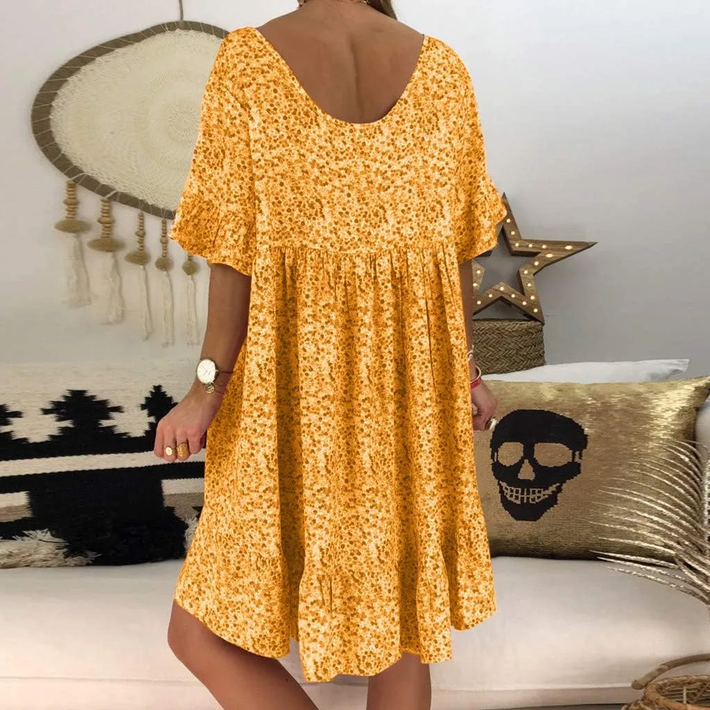Cute Winter Dresses for Women Women's Ladies Sexy Loose Print Hlaf Sleeve Ruffles Mini Dress Summer Dress