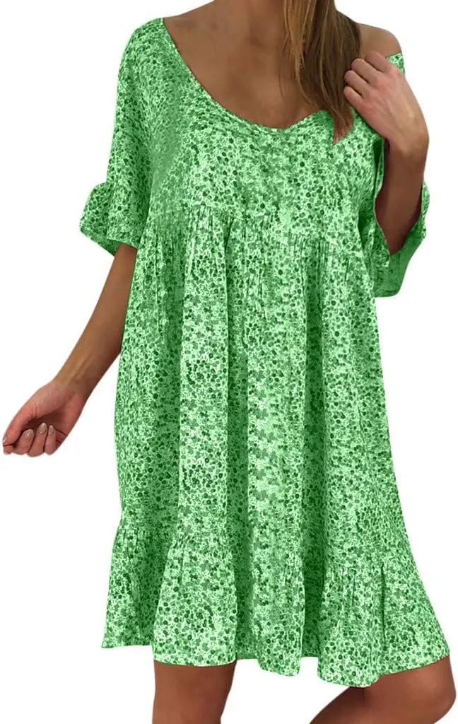 Cute Winter Dresses for Women Women's Ladies Sexy Loose Print Hlaf Sleeve Ruffles Mini Dress Summer Dress