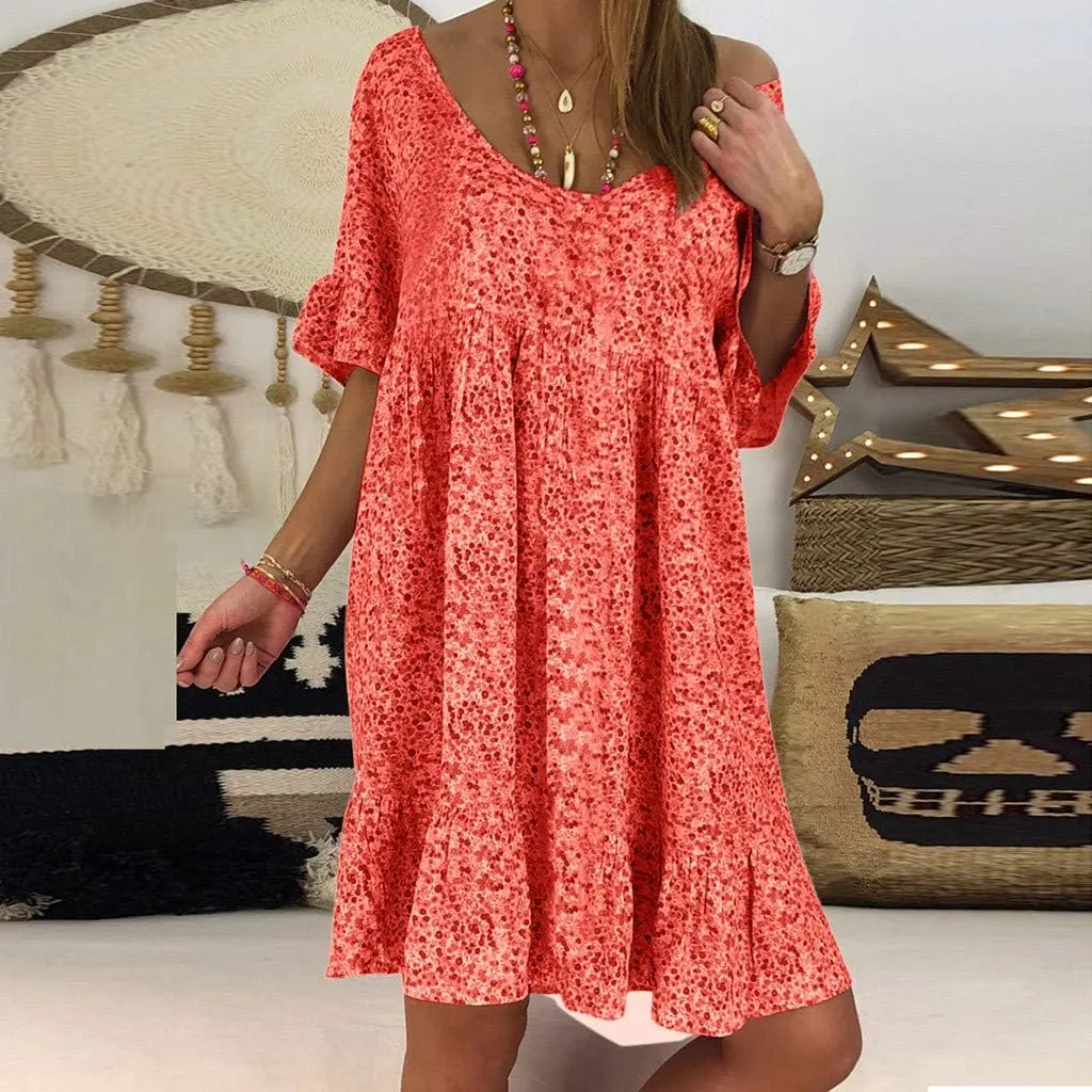 Cute Winter Dresses for Women Women's Ladies Sexy Loose Print Hlaf Sleeve Ruffles Mini Dress Summer Dress