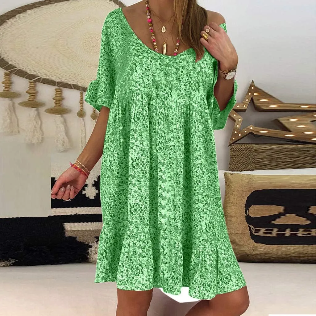 Cute Winter Dresses for Women Women's Ladies Sexy Loose Print Hlaf Sleeve Ruffles Mini Dress Summer Dress