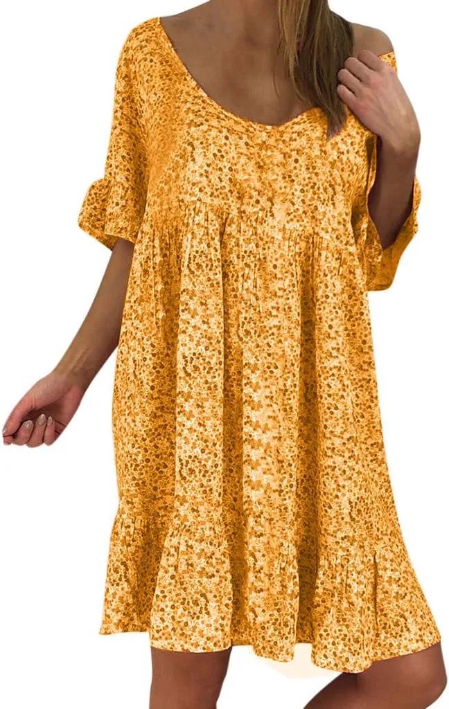 Cute Winter Dresses for Women Women's Ladies Sexy Loose Print Hlaf Sleeve Ruffles Mini Dress Summer Dress