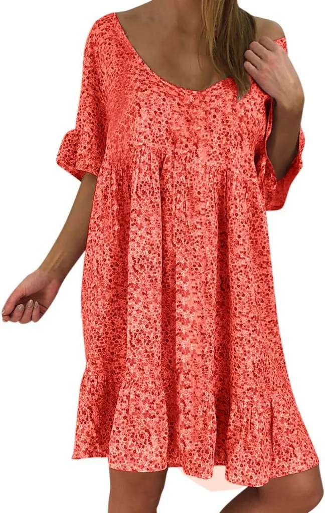 Cute Winter Dresses for Women Women's Ladies Sexy Loose Print Hlaf Sleeve Ruffles Mini Dress Summer Dress