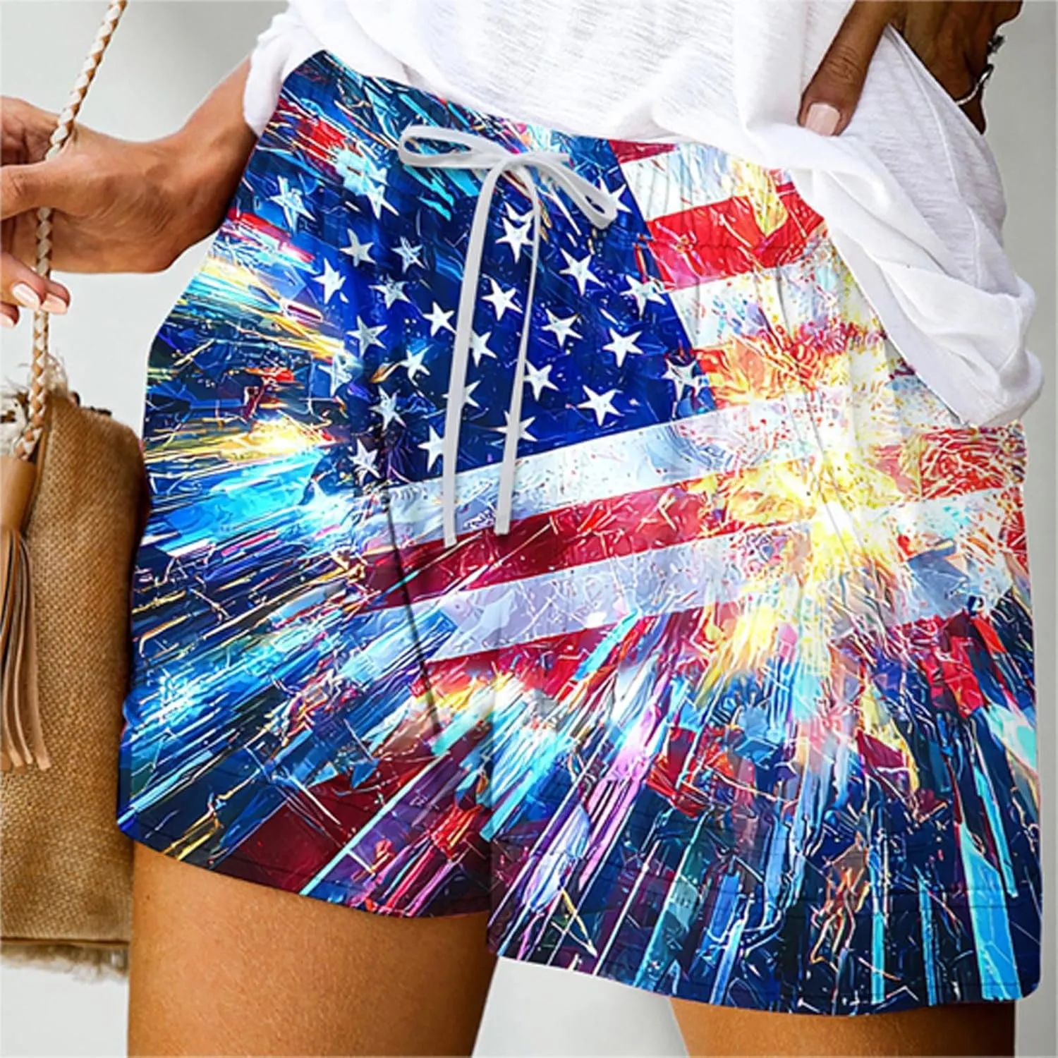 DDAPJ pyju American Flag Shorts for Women 2025 Summer Casual Drawstring High Waist Shorts Star Striped 4th of July Outfits