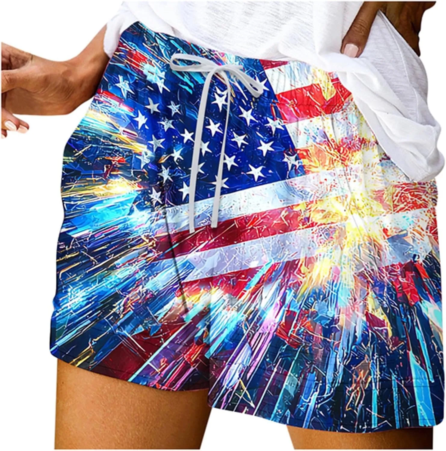 DDAPJ pyju American Flag Shorts for Women 2025 Summer Casual Drawstring High Waist Shorts Star Striped 4th of July Outfits