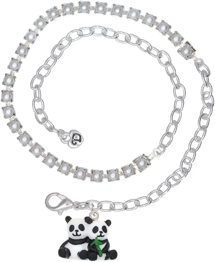 Delight Jewelry Resin Panda Bear Best Friends Imitation Pearl Chain Wrap Charm Bracelet, 14"