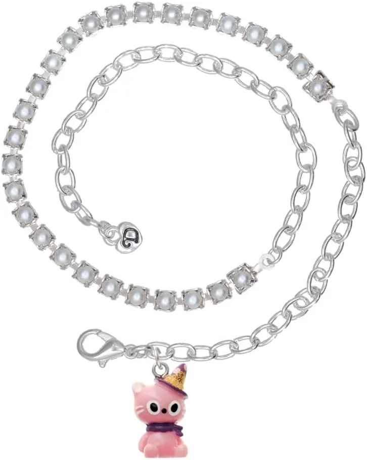 Delight Jewelry Resin Pink Birthday Kitty Cat Imitation Pearl Chain Wrap Charm Bracelet, 14"
