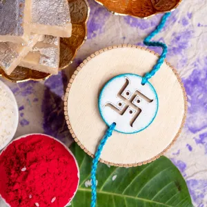 Designer Hand Painted Blue Swastik Rakhi With Roli & Chawal - Perfect Gift for Brothers & Men