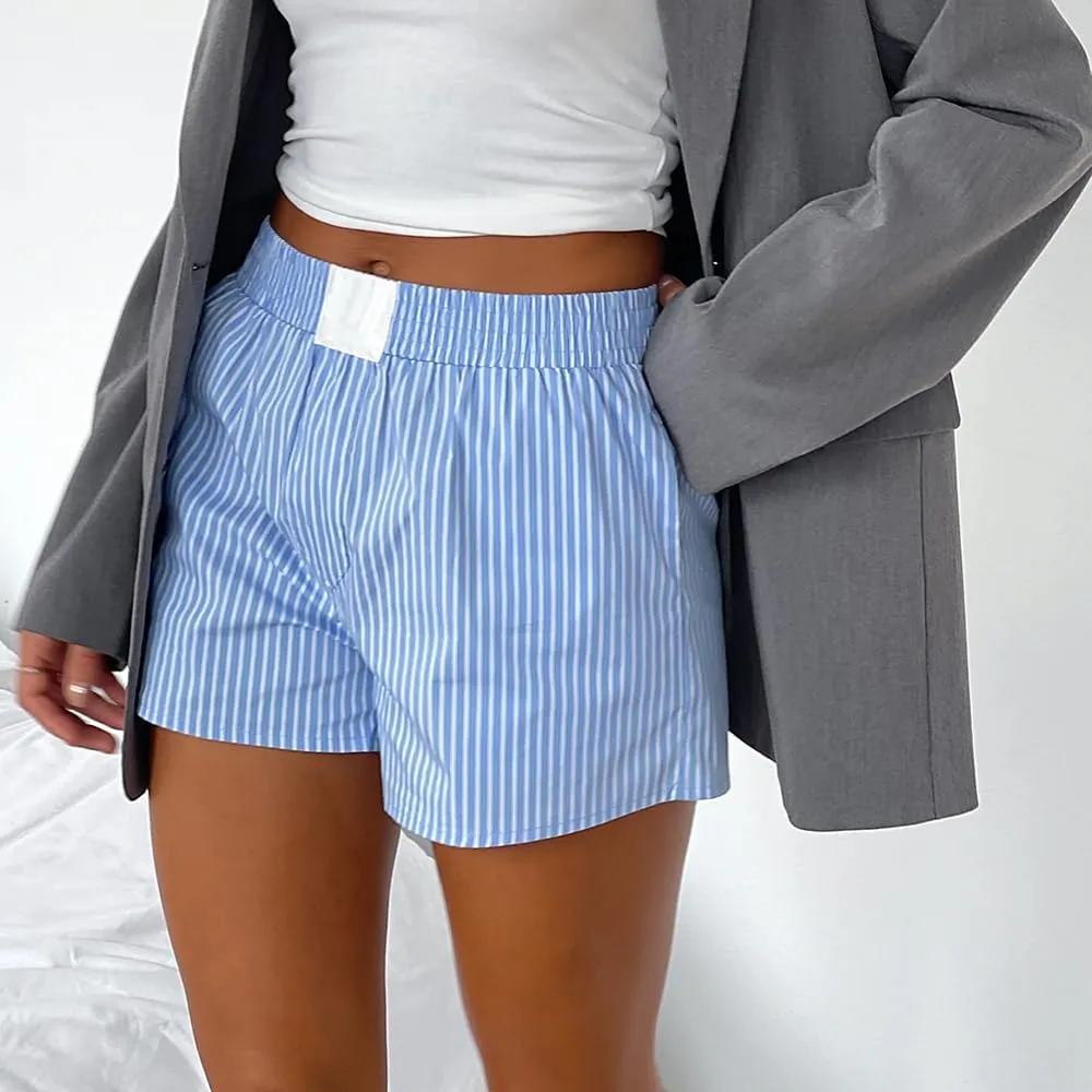 DSORVICD Women Boxer Shorts Y2k Striped Elastic Waist Wide Leg Lounge Shorts Baggy Pajamas Shorts Sleep Pj Micro Shorts