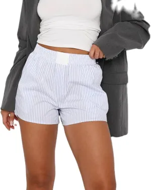 DSORVICD Women Boxer Shorts Y2k Striped Elastic Waist Wide Leg Lounge Shorts Baggy Pajamas Shorts Sleep Pj Micro Shorts