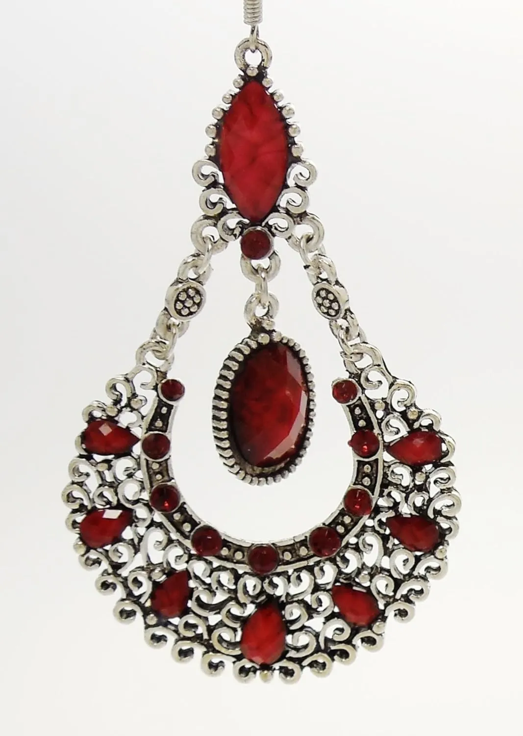 Earrings - Large Silver Tone and Red Acrylic Chandelier Earrings