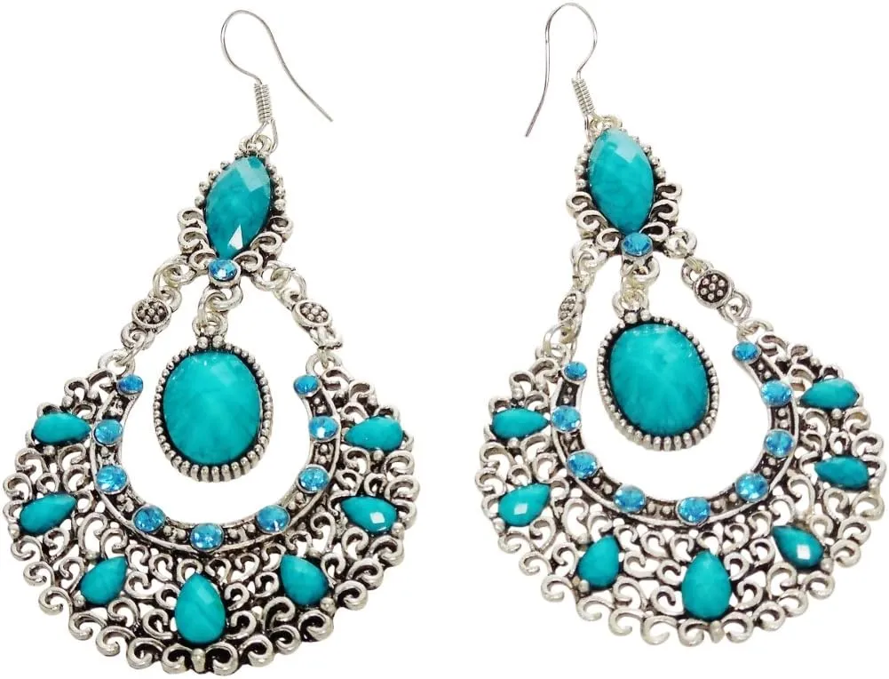 Earrings -Large Silver Tone and Turquoise Acrylic Chandelier Earrings - Turqouise Flamenco Flair