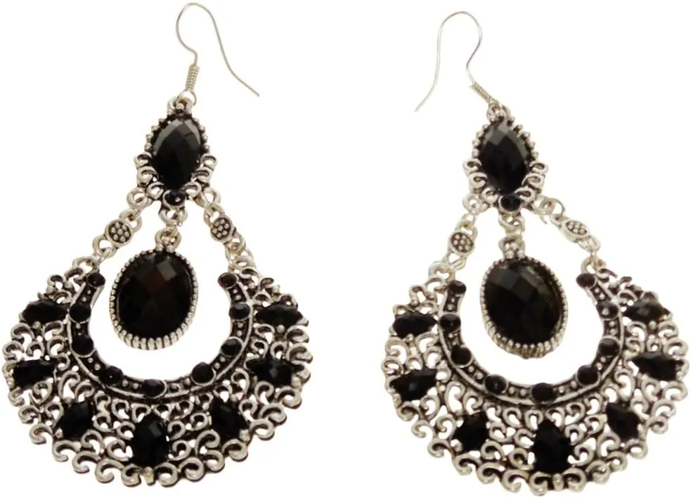 Earrings - Silver Tone and Black Acrylic Large Chandelier Earrings - Midnight Flamenco Flair