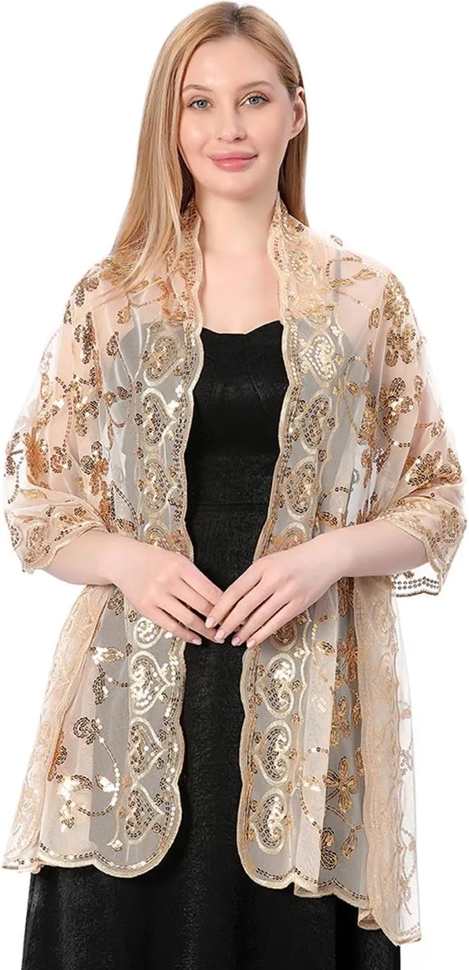 EASEDAILY Women's 1920s Shawls and Wraps for Evening Party Dress Sparkling Sequin Deco Wedding Scarf for Bride