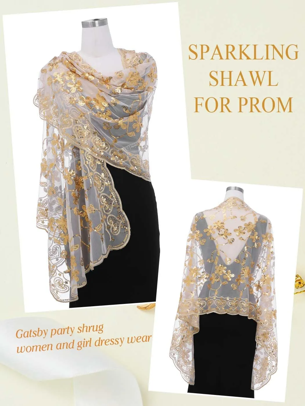 EASEDAILY Women's 1920s Shawls and Wraps for Evening Party Dress Sparkling Sequin Deco Wedding Scarf for Bride