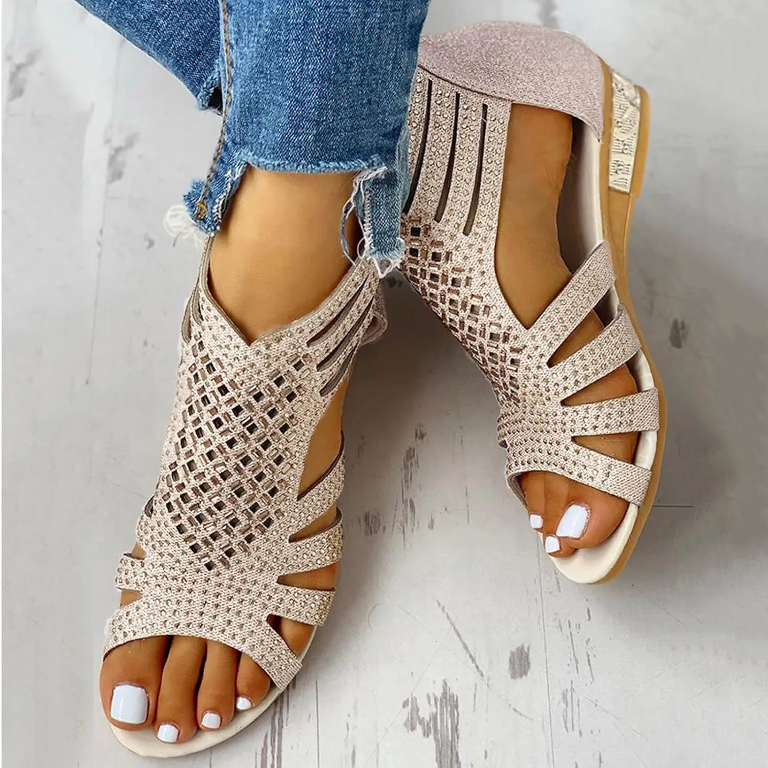 Eduavar Wedge Sandals for Women Dressy, Rhinestone Sandals for Women Fashion Breathable Open Toe Wedge Sandals with Zipper