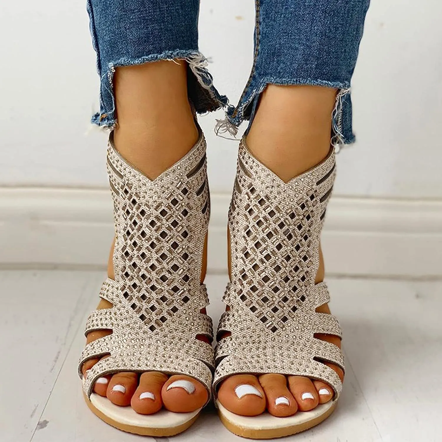 Eduavar Wedge Sandals for Women Dressy, Rhinestone Sandals for Women Fashion Breathable Open Toe Wedge Sandals with Zipper