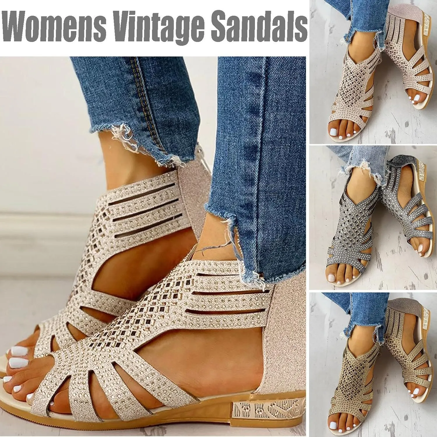 Eduavar Wedge Sandals for Women Dressy, Rhinestone Sandals for Women Fashion Breathable Open Toe Wedge Sandals with Zipper