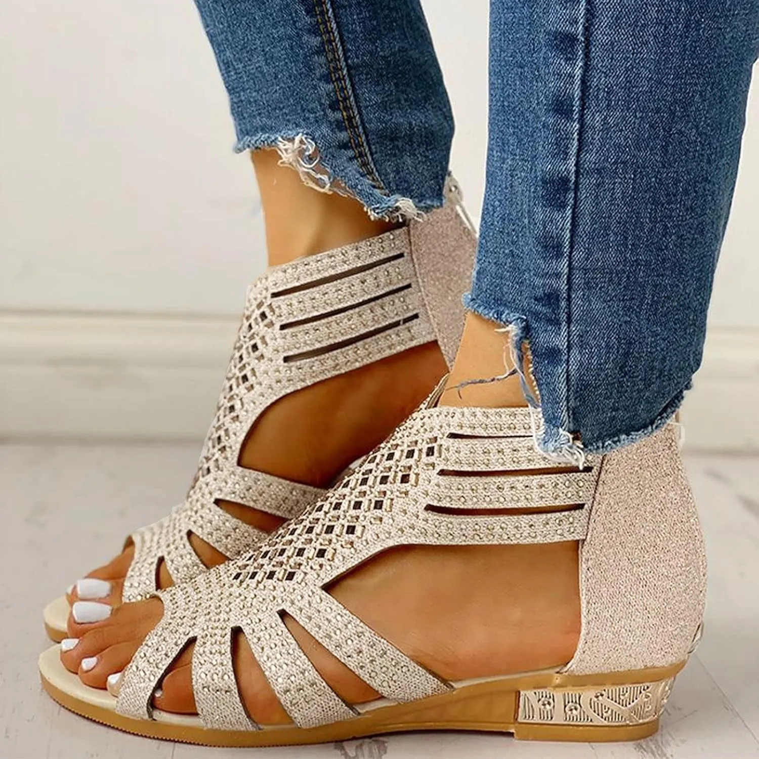 Eduavar Wedge Sandals for Women Dressy, Rhinestone Sandals for Women Fashion Breathable Open Toe Wedge Sandals with Zipper