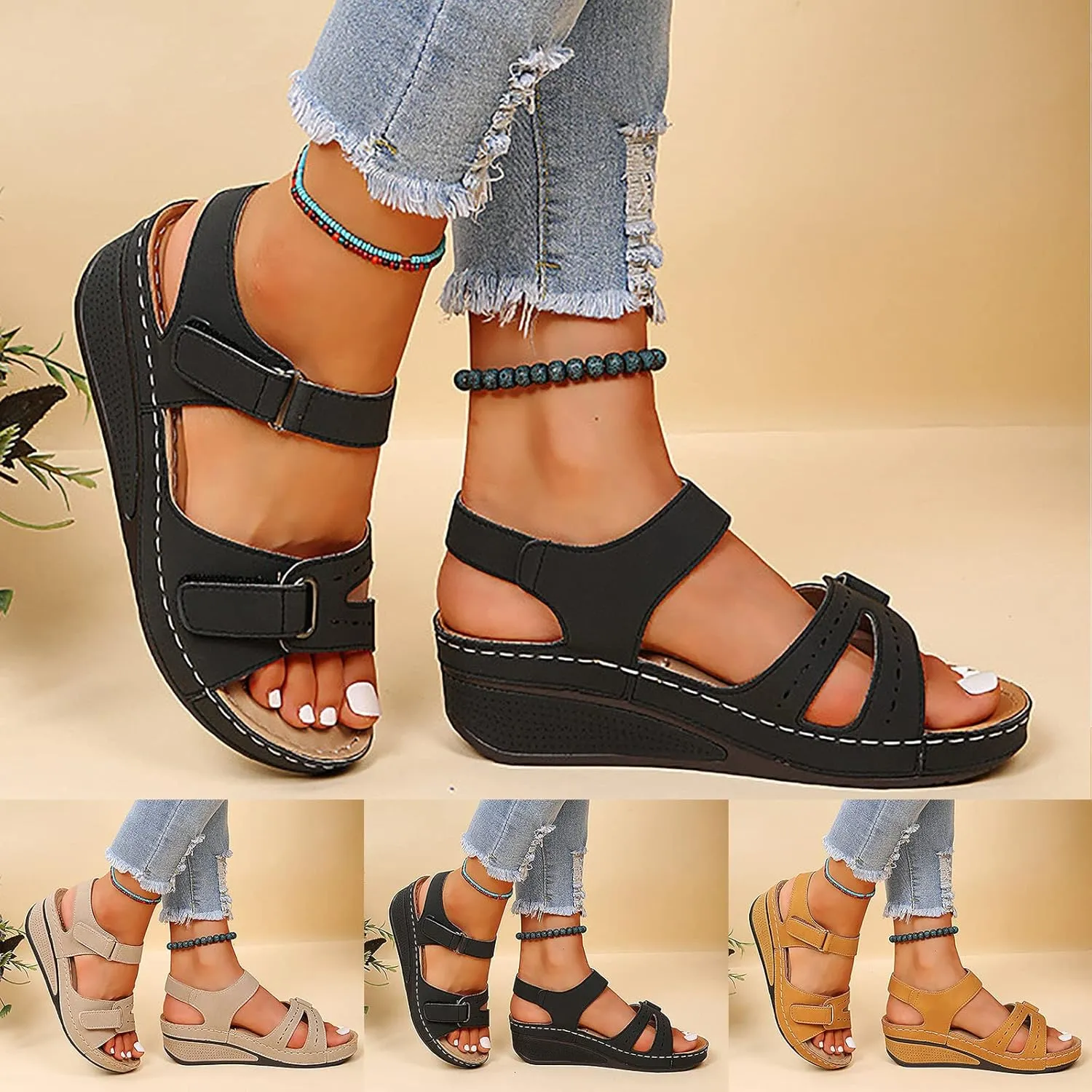 Eduavar Wedge Sandals for Women, Walking Sandals Women Comfort Orthopedic Sandals Platform Open Toe Sandals with Buckle Strap