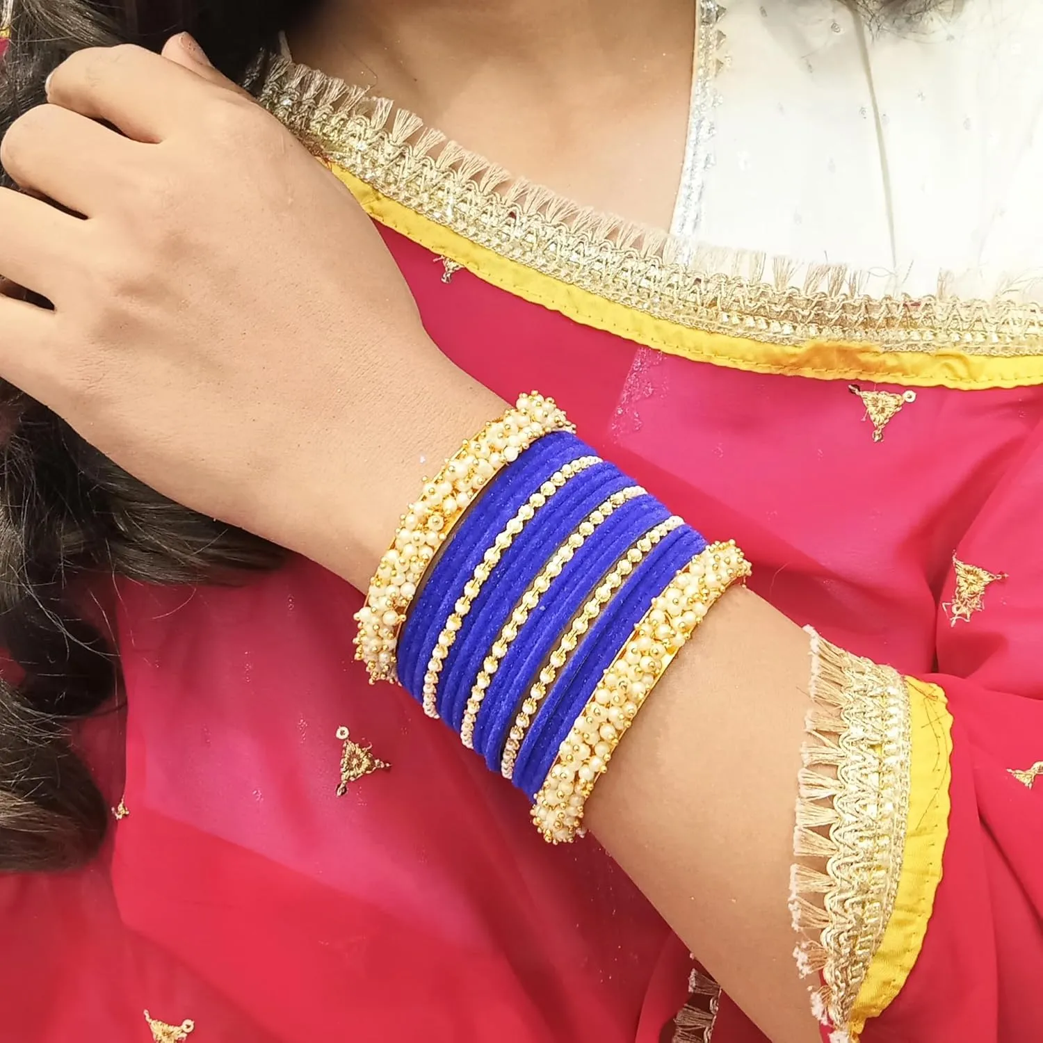 Efulgenz Indian Bangle Set Faux Pearl Bracelet Bangle Velvet Bangles Wedding Bridal Jewelry for Women