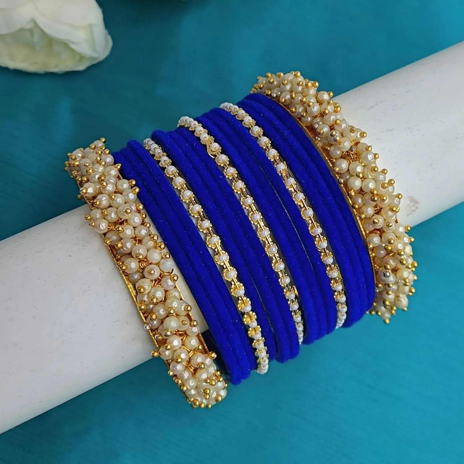 Efulgenz Indian Bangle Set Faux Pearl Bracelet Bangle Velvet Bangles Wedding Bridal Jewelry for Women