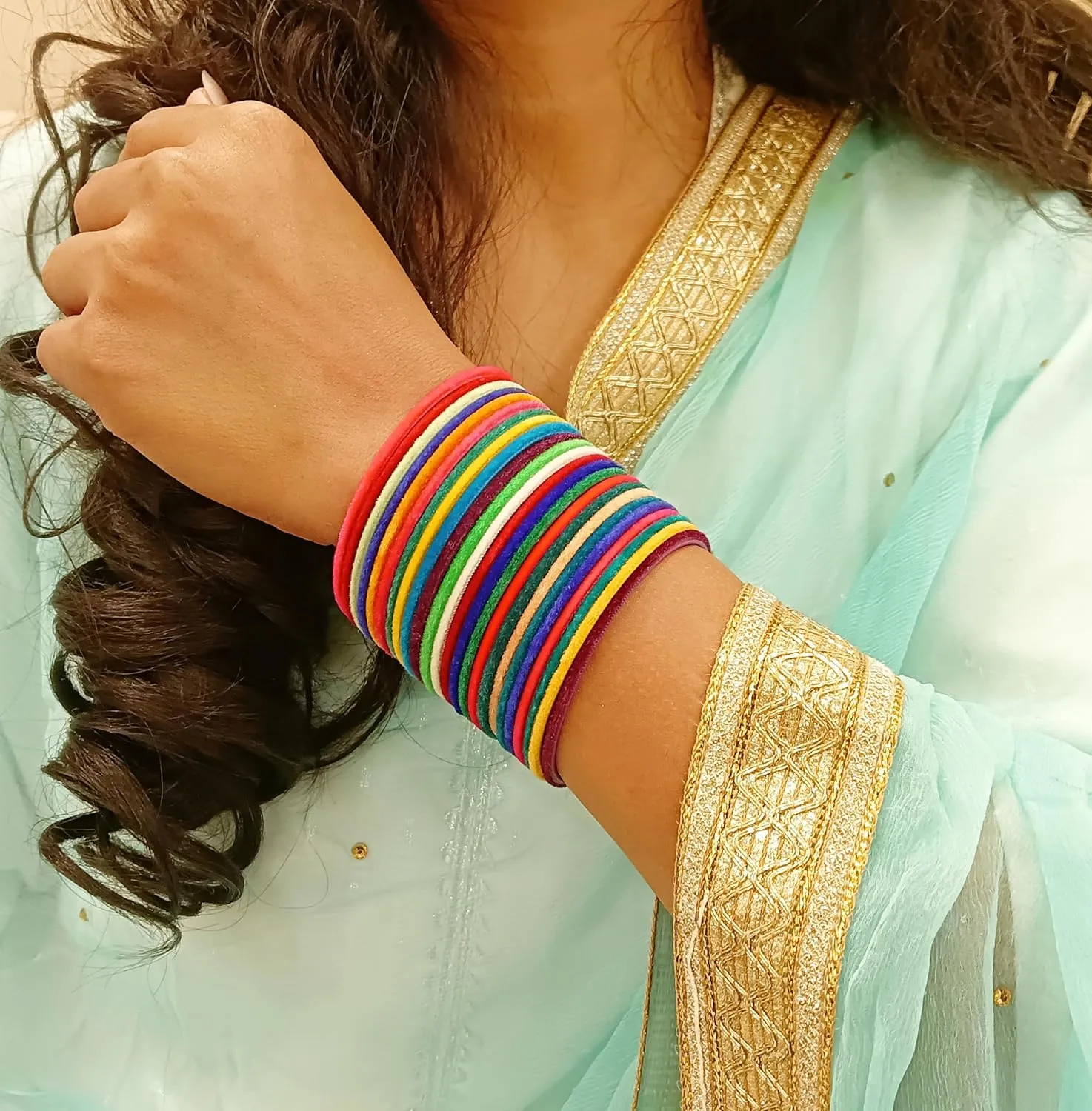 Efulgenz Indian Bangles for Women Bollywood Velvet Bangles Set Wedding Bridal Plain Metal Velvet Bangles Bracelets Fashion Costume Accessories (24 Pcs)
