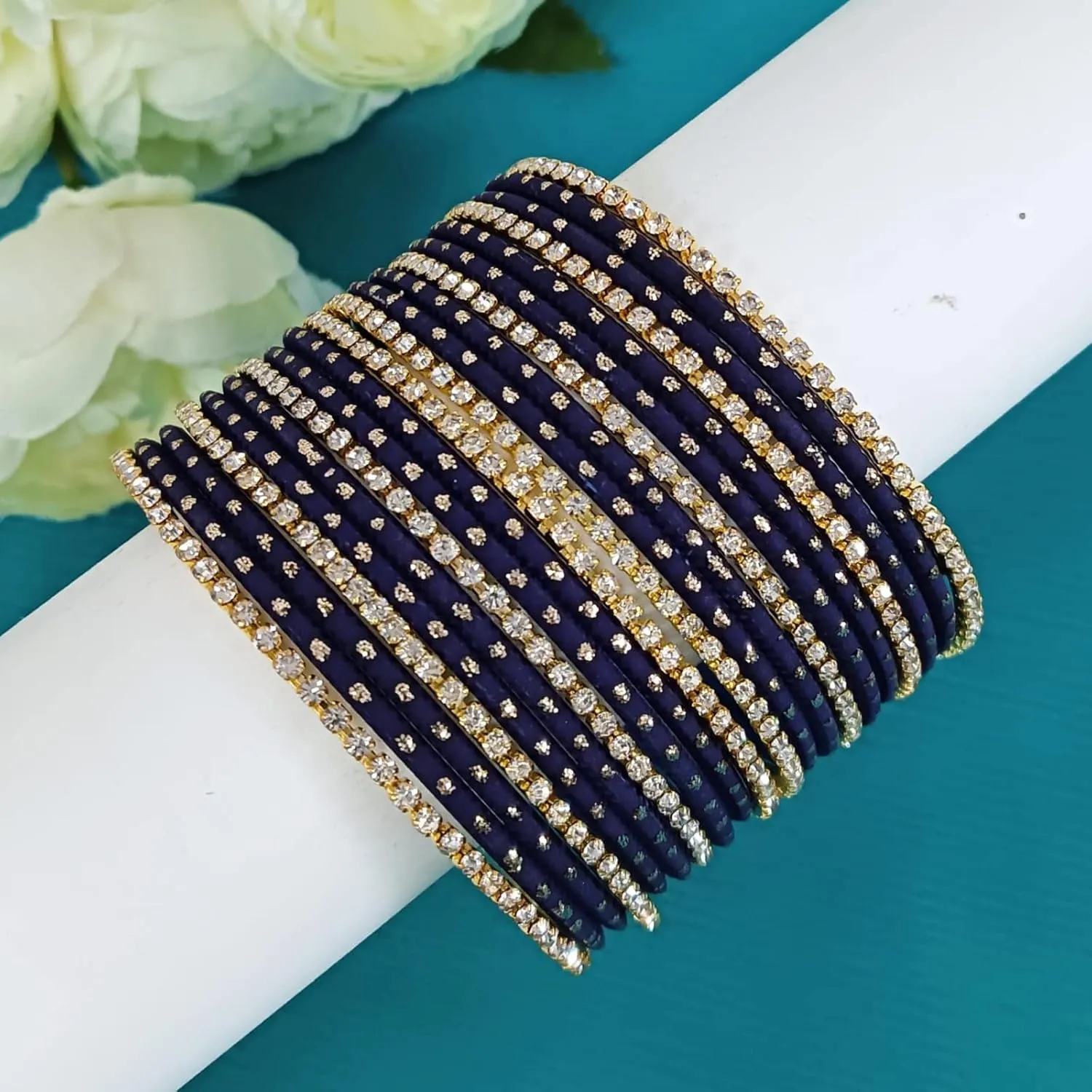 Efulgenz Indian Bangles Set - Wedding Bangles with Rhinestone CZ Plain Metal Bracelet for Women