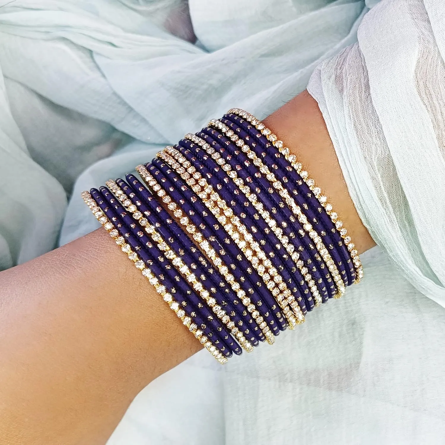 Efulgenz Indian Bangles Set - Wedding Bangles with Rhinestone CZ Plain Metal Bracelet for Women