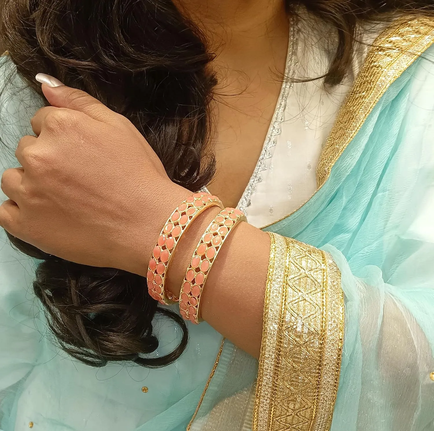Efulgenz Indian Bracelet Bangle Set Bollywood Crystal Kundan Bangle Bracelet Bridal Indian Wedding Jewelry for Women (2 Pcs)