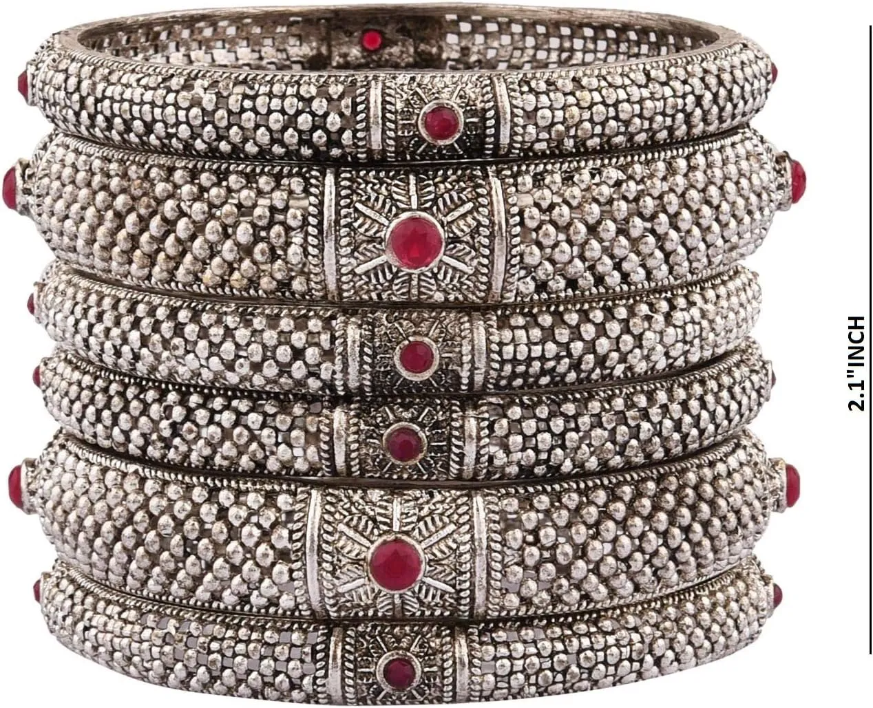 Efulgenz Oxidized Indian Bangles for Women Traditional Silver Tone Oxidized Crystal Bracelet Bangles Oxidised Jewellery Boho Indian Bracelet Bangles Set (6 Pcs)