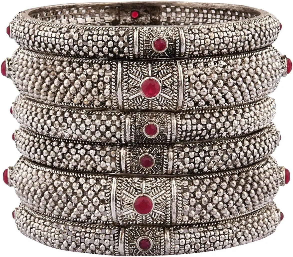 Efulgenz Oxidized Indian Bangles for Women Traditional Silver Tone Oxidized Crystal Bracelet Bangles Oxidised Jewellery Boho Indian Bracelet Bangles Set (6 Pcs)