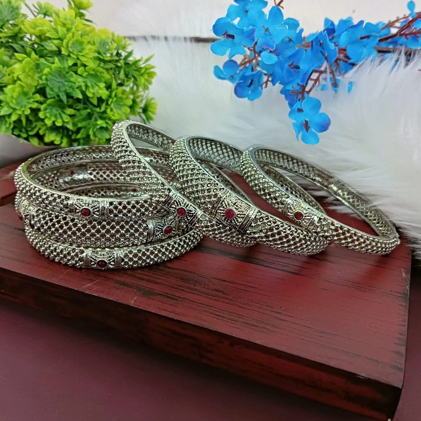 Efulgenz Oxidized Indian Bangles for Women Traditional Silver Tone Oxidized Crystal Bracelet Bangles Oxidised Jewellery Boho Indian Bracelet Bangles Set (6 Pcs)