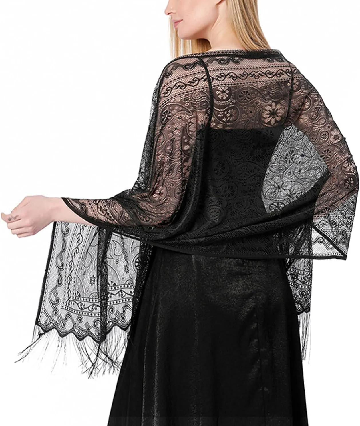Elegant Black Lace Evening Shawls and Wraps Formal, Cozy Sheer Fringe Floral Pattern, for Women Dressy