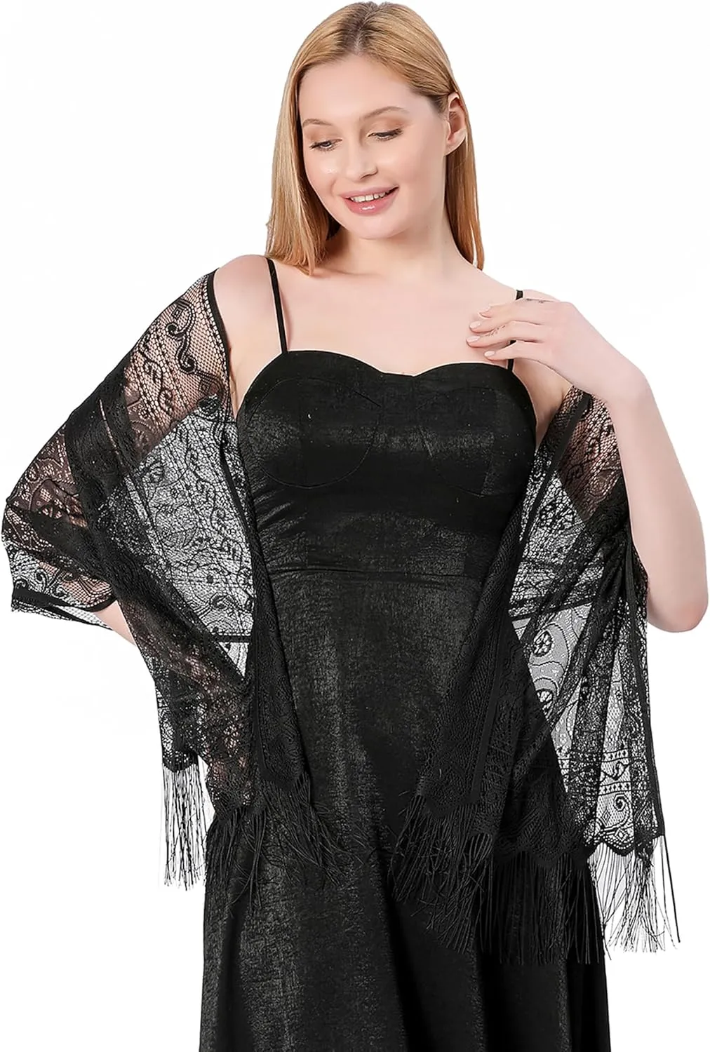 Elegant Black Lace Evening Shawls and Wraps Formal, Cozy Sheer Fringe Floral Pattern, for Women Dressy