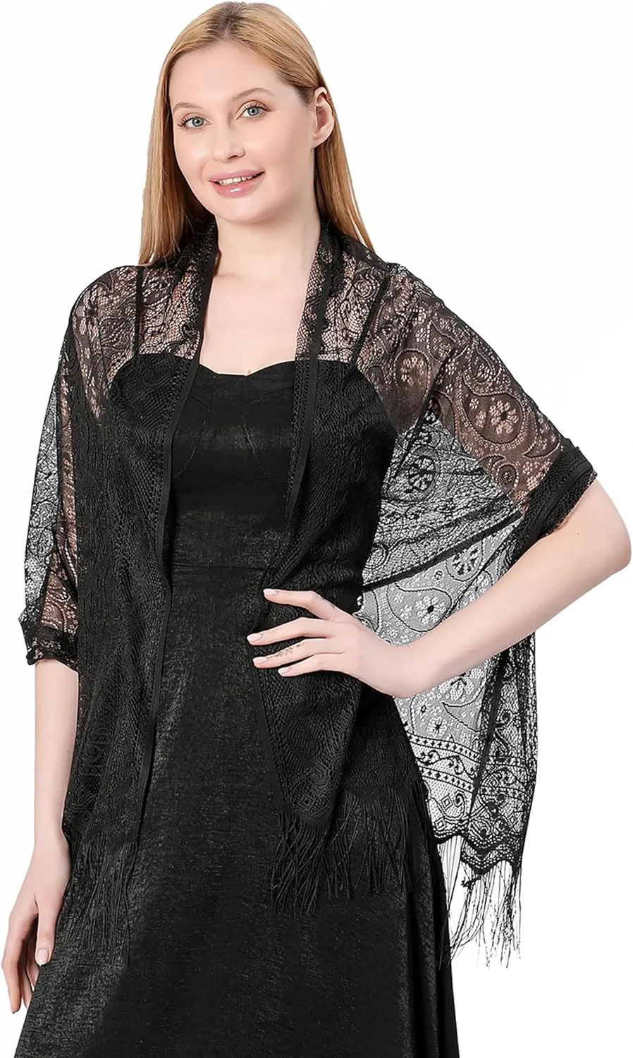 Elegant Black Lace Evening Shawls and Wraps Formal, Cozy Sheer Fringe Floral Pattern, for Women Dressy