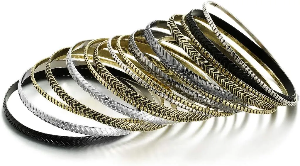 Ensoul Arrow Stripe Mixed Metal Aztec African Indian Multi Women Bangles Bracelets Set of 16/2.68" Dia.
