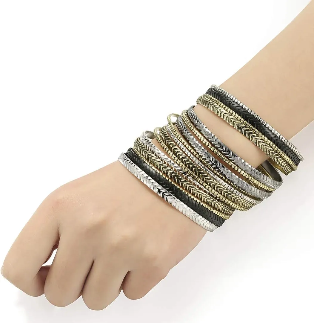 Ensoul Arrow Stripe Mixed Metal Aztec African Indian Multi Women Bangles Bracelets Set of 16/2.68" Dia.