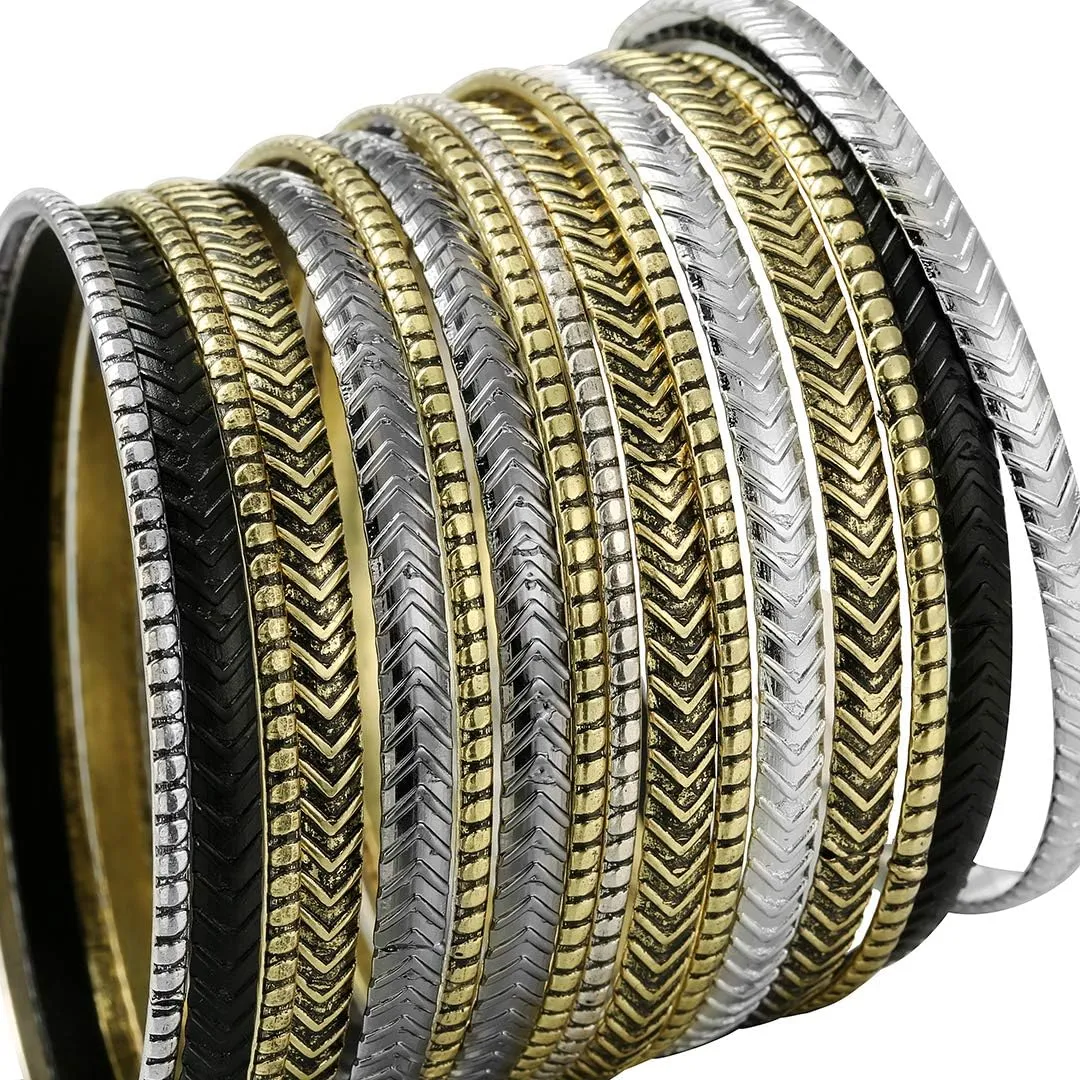 Ensoul Arrow Stripe Mixed Metal Aztec African Indian Multi Women Bangles Bracelets Set of 16/2.68" Dia.