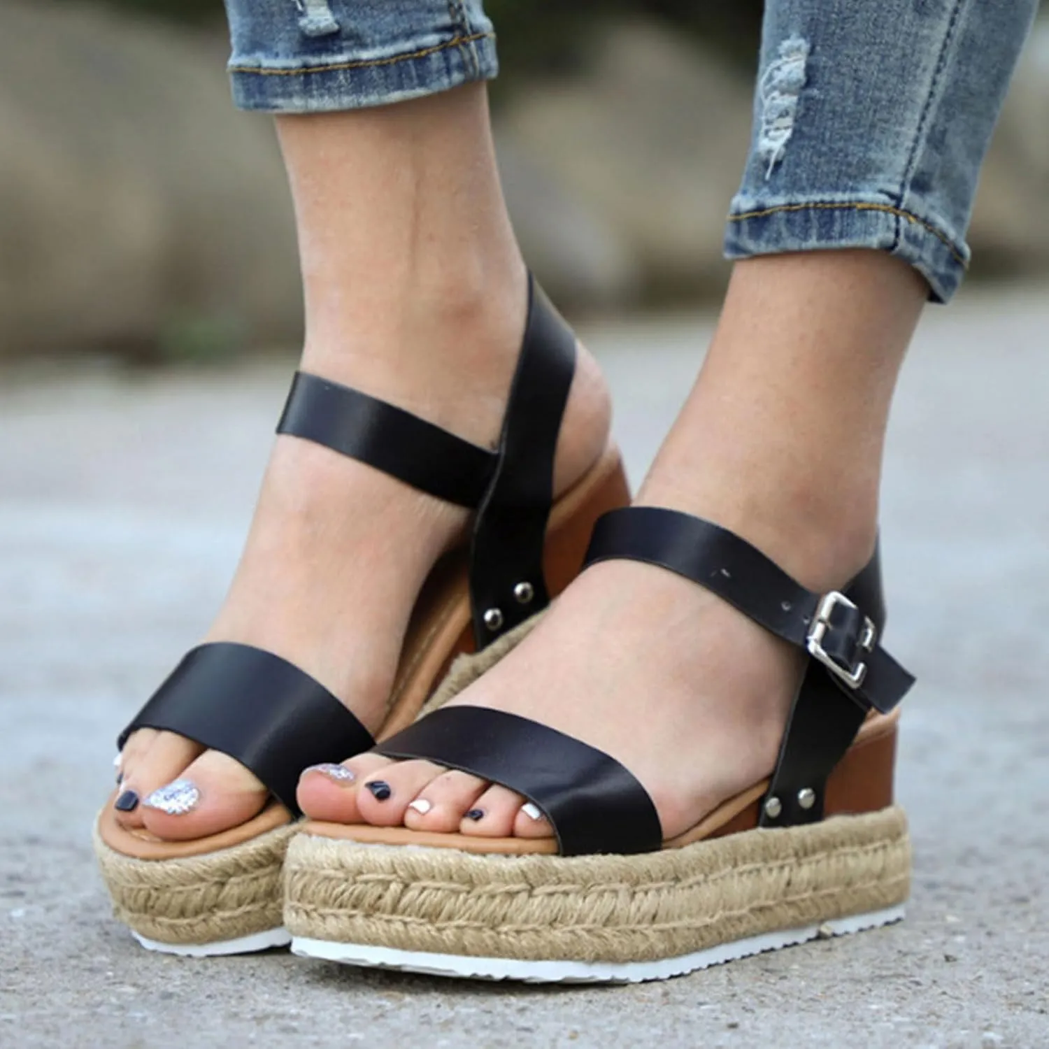 Espadrilles Wedges for Women Summer Wedge Platform Sandals Ankle Strap Open Toe Flat Sandals, Comfortable Arch Support Orthopedic Sandal Casual Beach Slip on Comfort Wear
