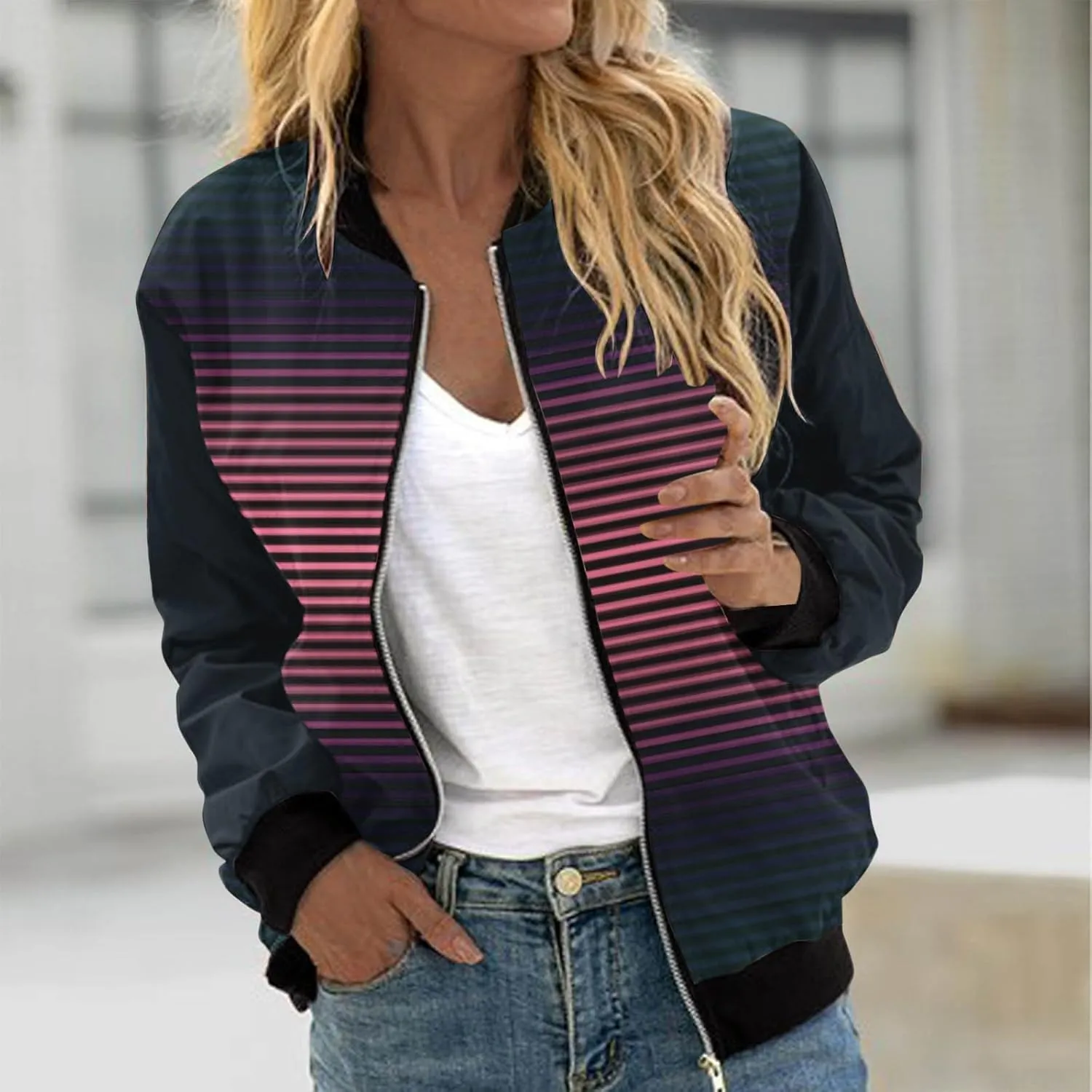 Fall Coats for Women 2024 Trendy Striped Print Cardigan Jackets Long Sleeve Full Zip Winter Coat Pockets Outerwear