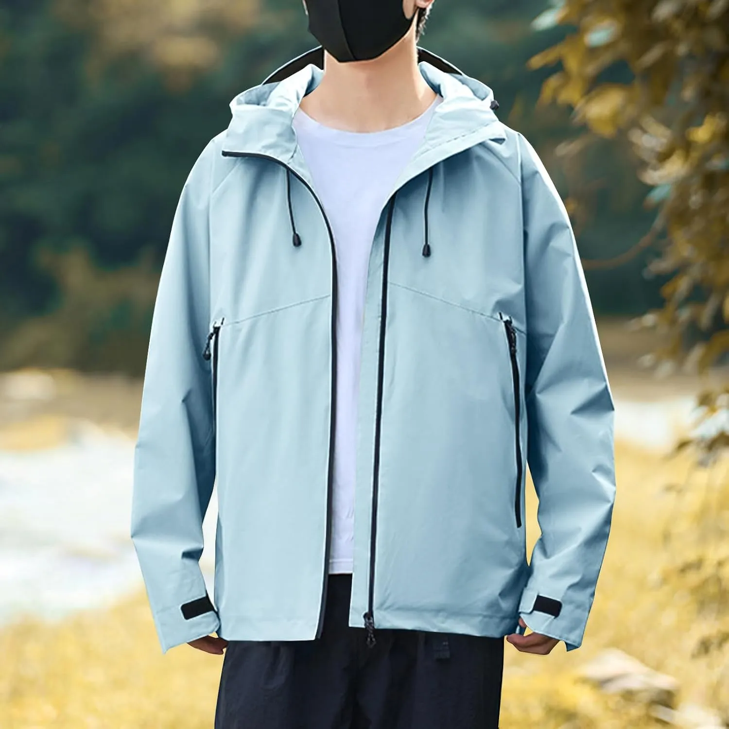 Fashion Mens Solid Color Outdoor Hiking Long Sleeve Hooded Casual Outwear Jackets Softshell Hiking Windbreaker Jacket