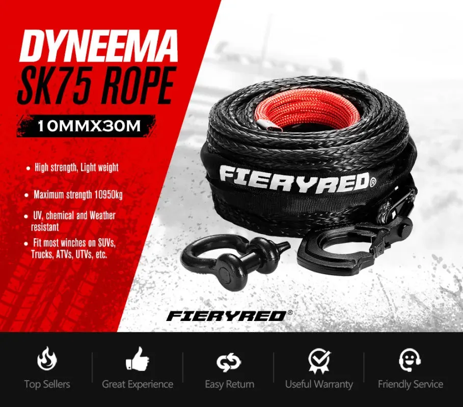 FieryRed Dyneema Synthetic Winch Rope with Hook | Black | 10mm x 30m