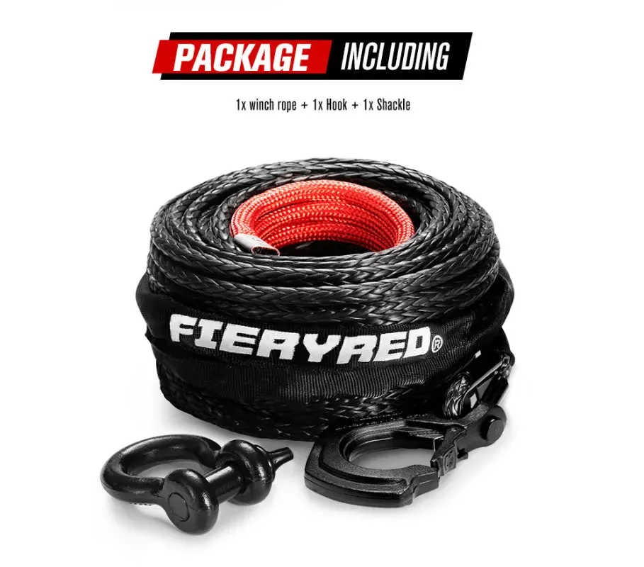 FieryRed Dyneema Synthetic Winch Rope with Hook | Black | 10mm x 30m