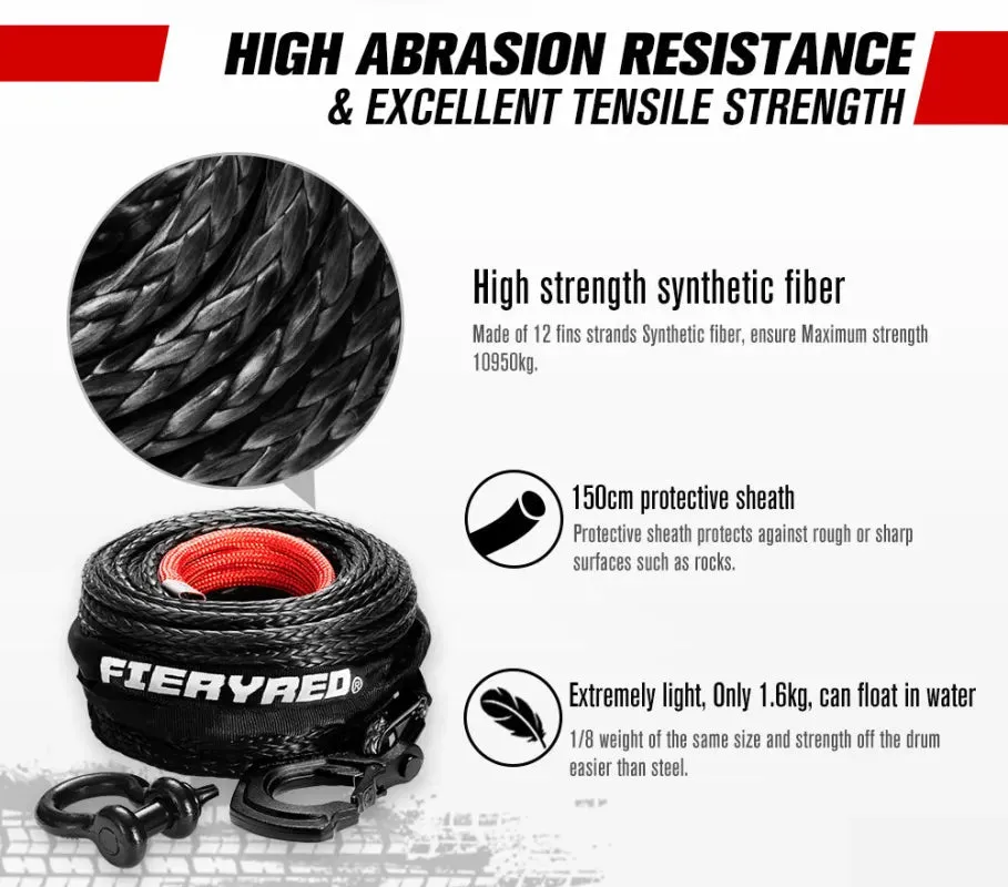 FieryRed Dyneema Synthetic Winch Rope with Hook | Black | 10mm x 30m